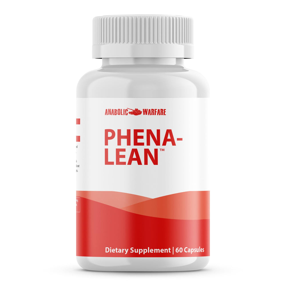 Anabolic Warfare Phena-Lean bottle on a table ready for workouts.