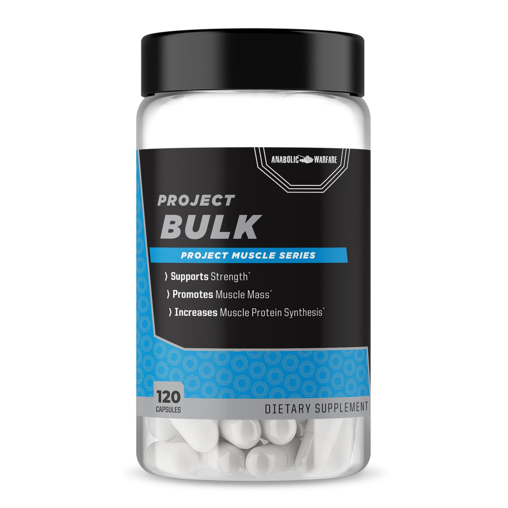 Anabolic Warfare Project Bulk bottle on gym bench signaling training support.