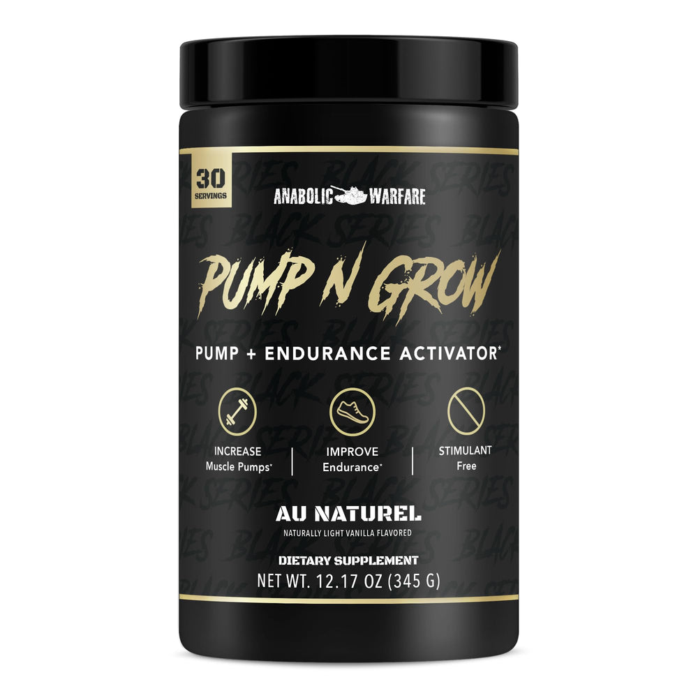 Anabolic Warfare Pump-N-Grow bottle with label highlights non-stimulant benefits