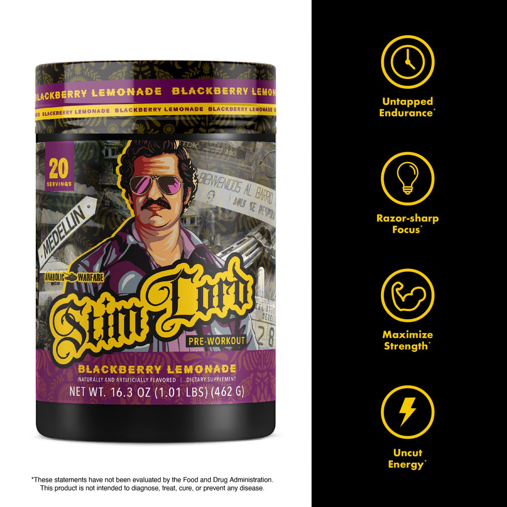 Anabolic Warfare Stim Lord bottle close-up emphasizing blue razz coconut flavor