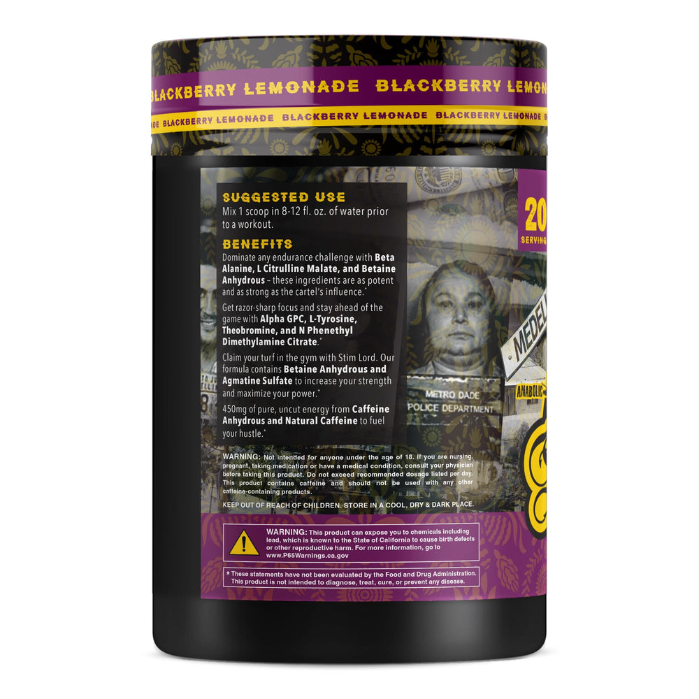 Stim Lord bottle pour shows blackberry lemonade flavor ready for your workout