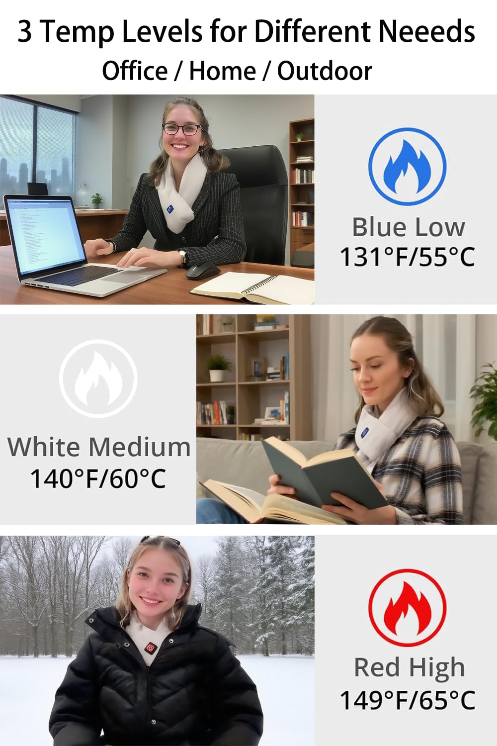 Cordless use on the go with power bank attached for portable warmth.