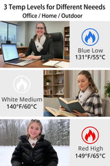Cordless use on the go with power bank attached for portable warmth.