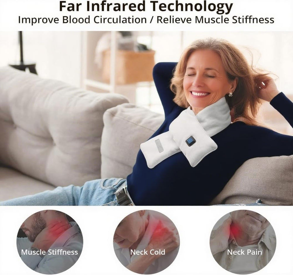 AnaAir heated scarf wrapped around the neck showing cordless warmth.
