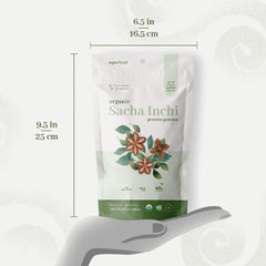 Certifications badge for ANCESTRAL ORGANICS Sacha Inchi protein highlighting organic and fair trade sourcing.
