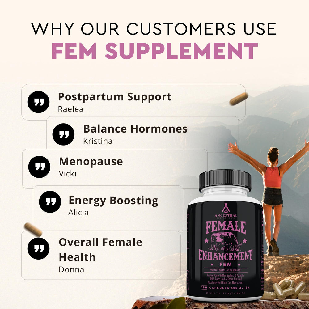 Nutrition facts panel on Ancestral Supplements Beef Organ for Women packaging.
