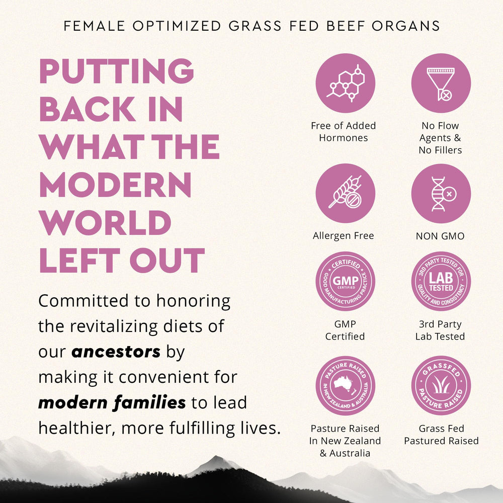 Label on Ancestral Supplements Beef Organ for Women packaging emphasizes freeze-dried nutrient retention.