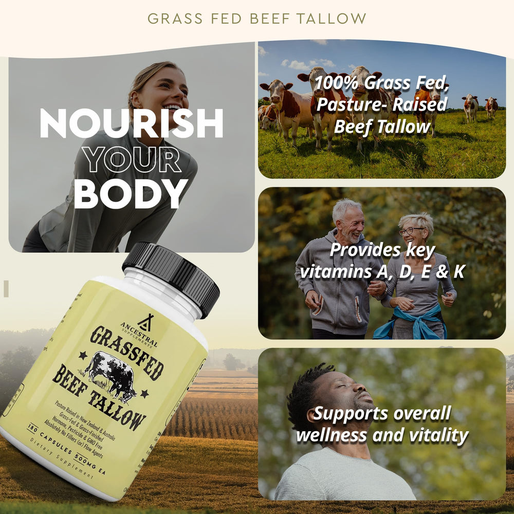 Ancestral Supplements grass-fed beef tallow bottle with label indicating purity and sourcing.
