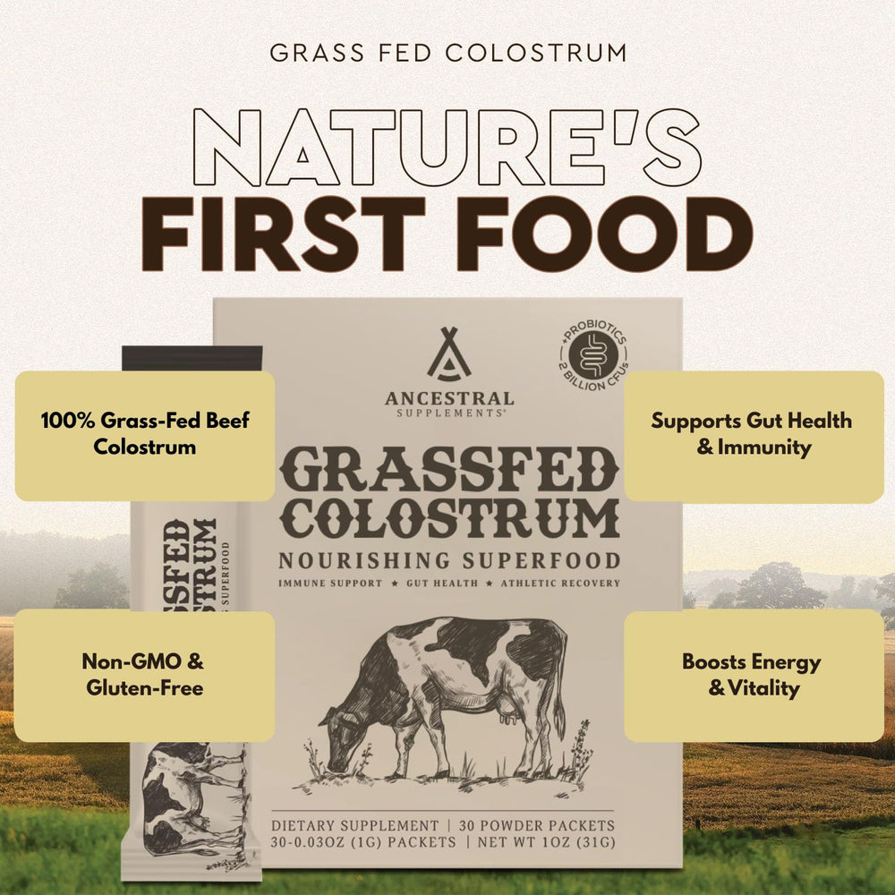 Ancestral Supplements colostrum powder packet close-up shows purity and blendability