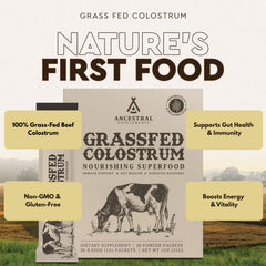 Ancestral Supplements colostrum powder packet close-up shows purity and blendability