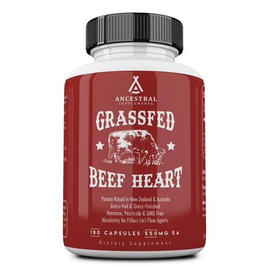 Ancestral Supplements grass-fed beef heart bottle showing rich nutrients for heart muscle support
