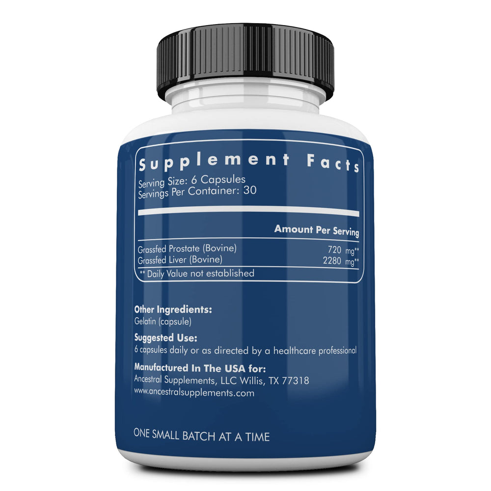 Ancestral Supplements Grass Fed Beef Prostate Liver capsules highlighting nutrient-dense organ meat benefits