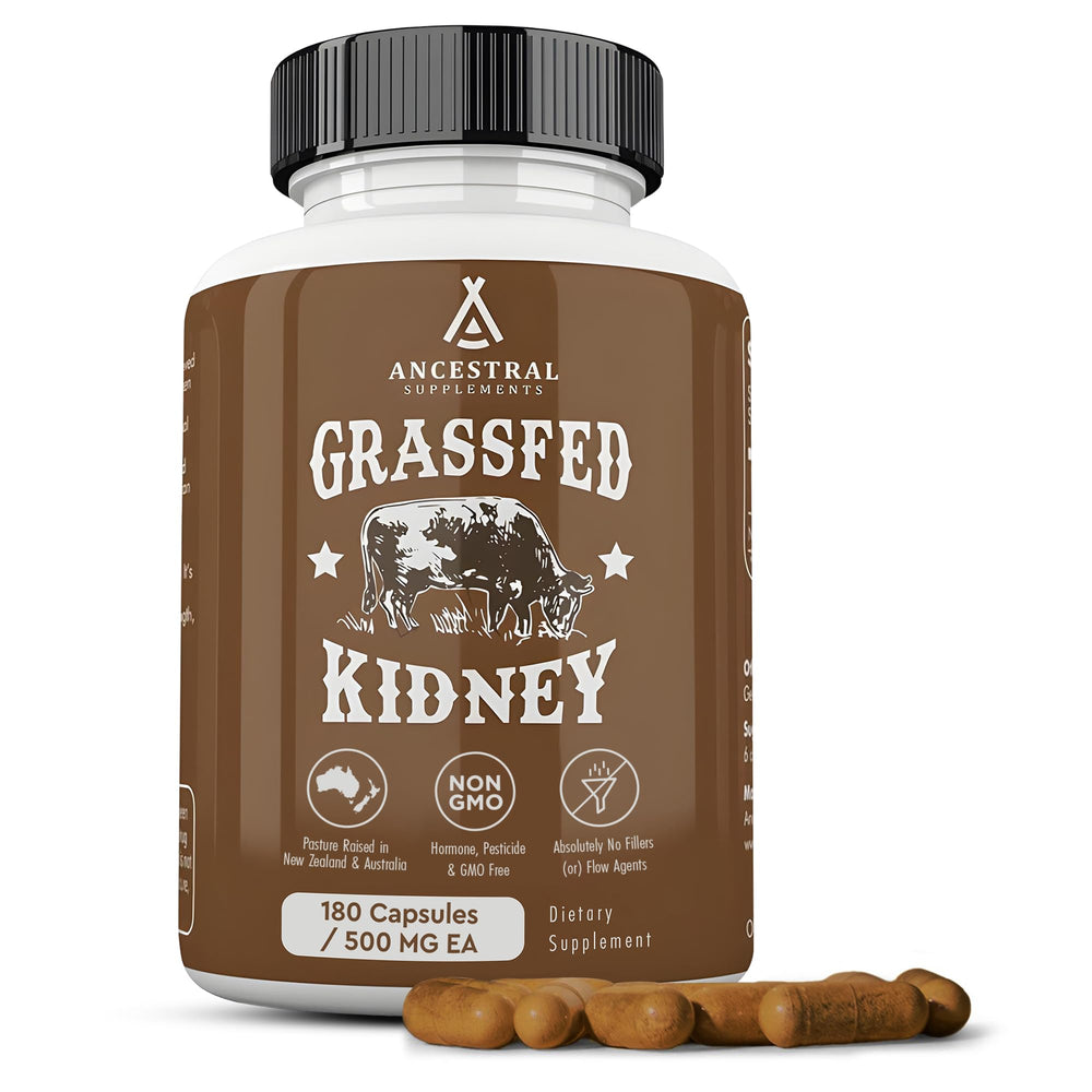Ancestral Supplements kidney bottle front with label and capsules