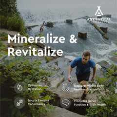 Label close-up of Ancestral Supplements Minerals & Electrolytes shows kelp and sea salt sources.