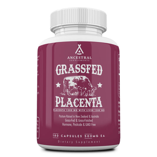 Ancestral Supplements placenta capsules bottle for postpartum nourishment and lactation support.