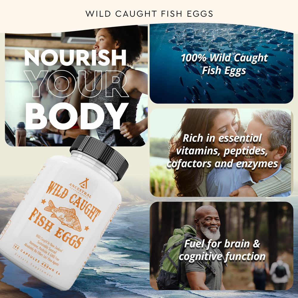 Ancestral Supplements Wild Caught Fish Eggs label emphasizing sustainability and nutrients.