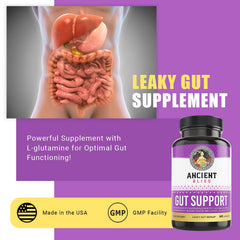 Ancient Bliss L-glutamine capsules closeup highlighting daily digestion support.