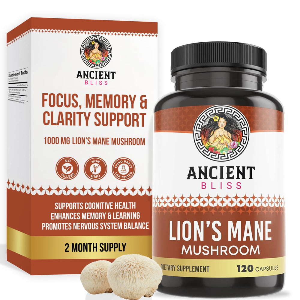 Ancient Bliss Lion’s Mane bottle front with vegan capsules for daily focus.