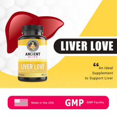 Ancient Bliss Liver Love capsules closeup highlights a herb blend for daily support.