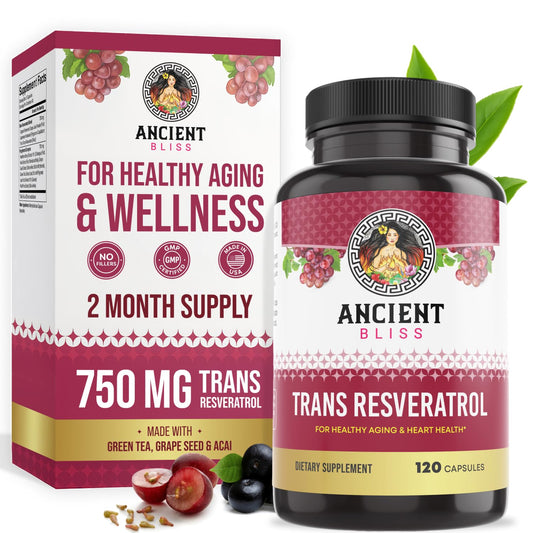 Ancient Bliss Resveratrol bottle highlighting daily antioxidant support.