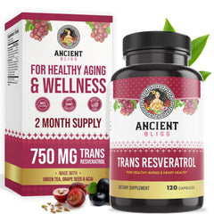 Ancient Bliss Resveratrol bottle highlighting daily antioxidant support.