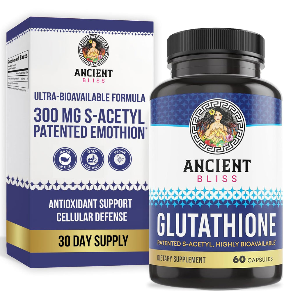 Ancient Bliss S-Acetyl Glutathione bottle shown for daily antioxidant support.