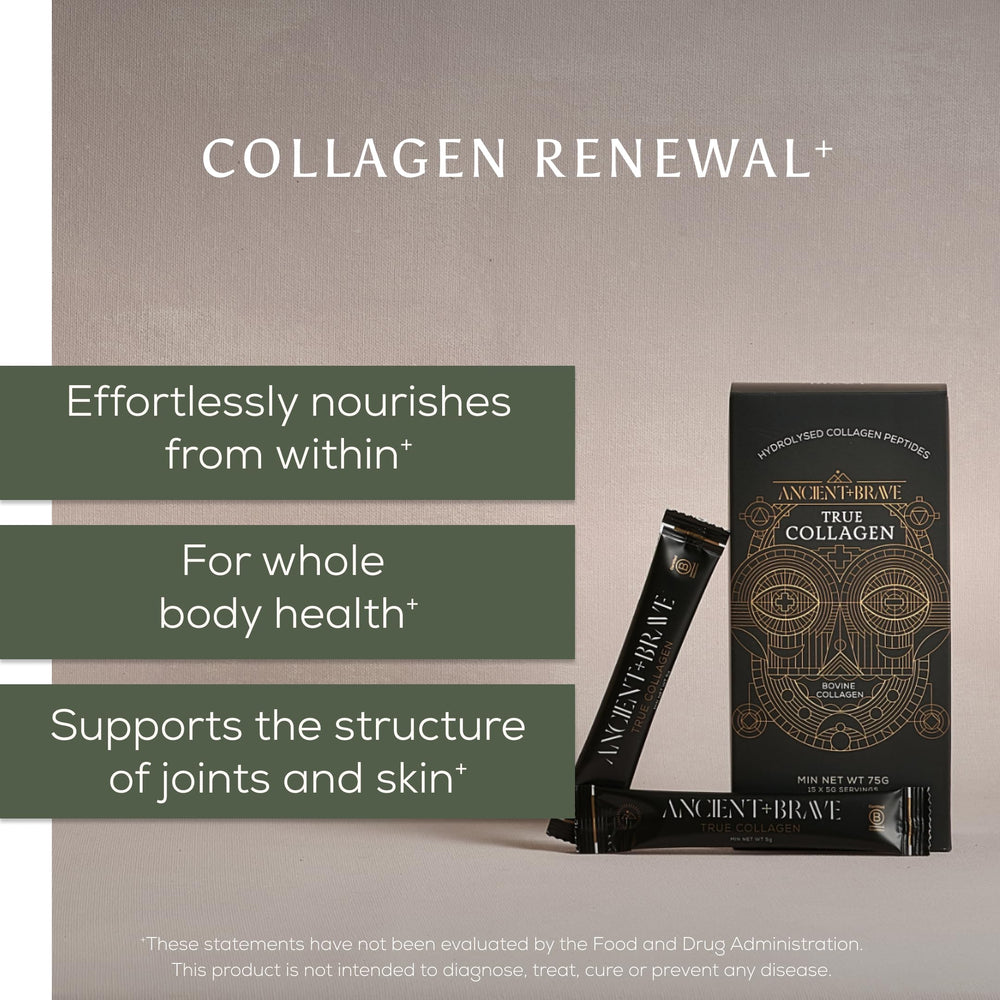 Ancient Brave True Collagen packets back view, single-serve design for on-the-go routines.
