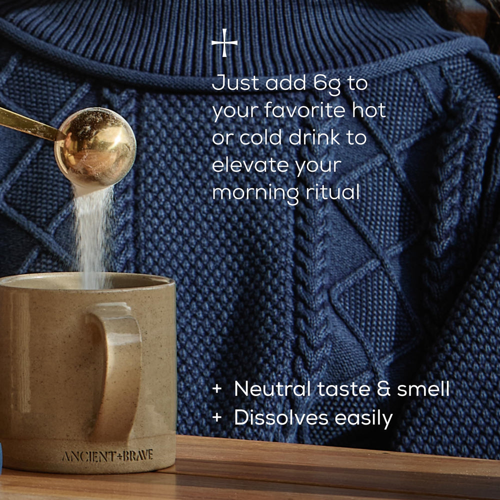 Ancient + Brave Wild Marine Collagen powder dissolving in coffee with a smooth blend.