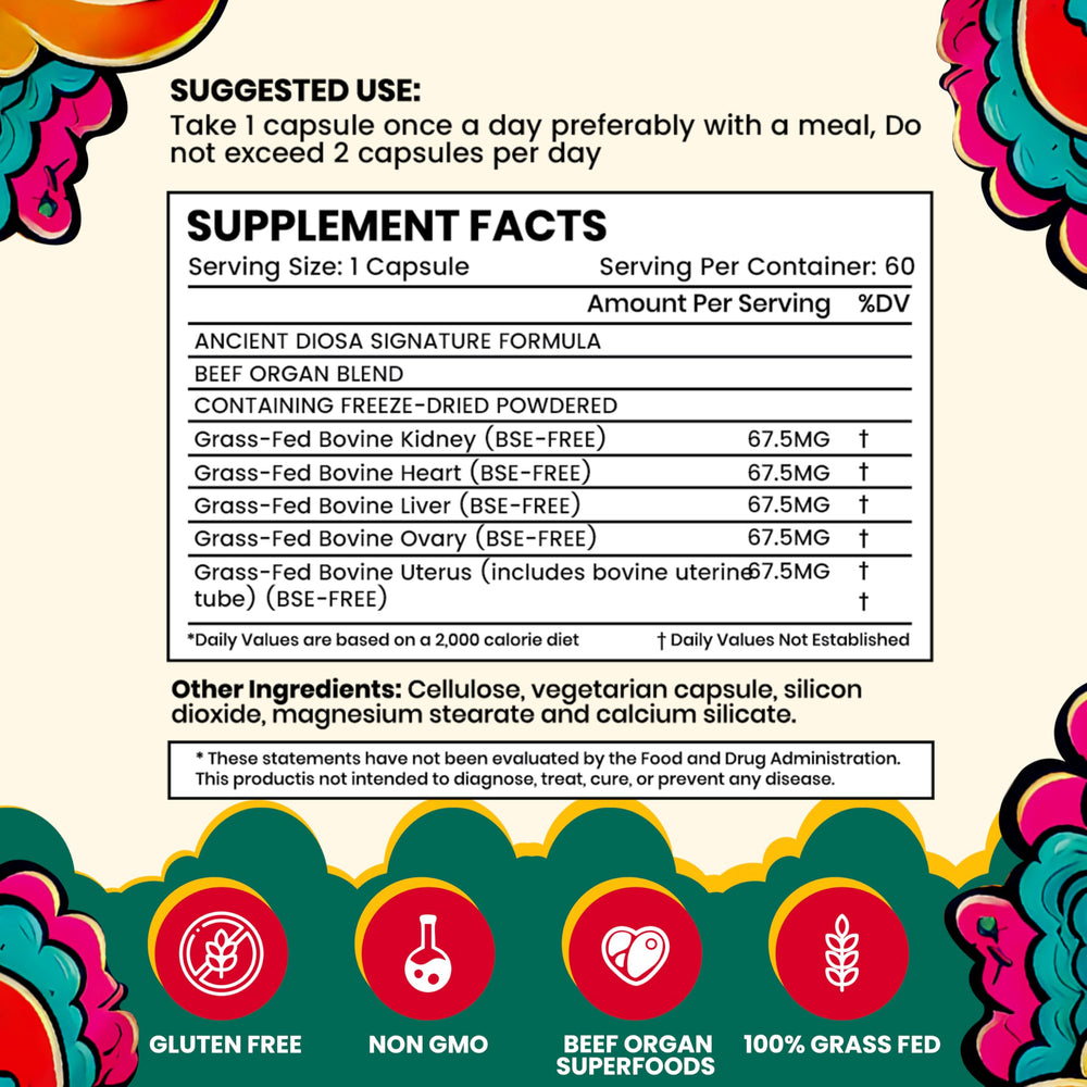 ANCIENT DIOSA packaging front label highlights premium organ blend for vitality.