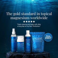 Ancient Minerals Magnesium Oil Ultra bottle on bathroom shelf for daily routine