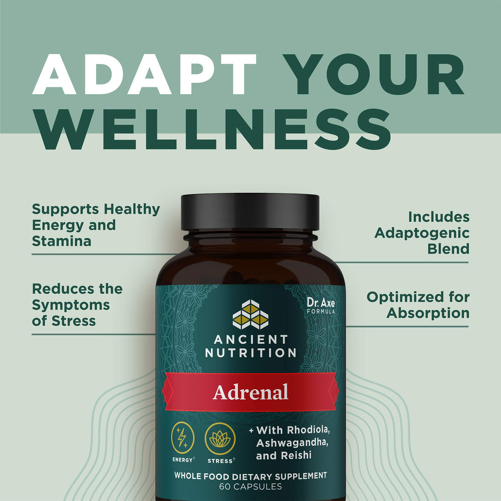 Ancient Nutrition Adrenal Support Rhodiola-Reishi herb imagery highlighting ingredients.