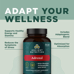 Ancient Nutrition Adrenal Support Rhodiola-Reishi herb imagery highlighting ingredients.