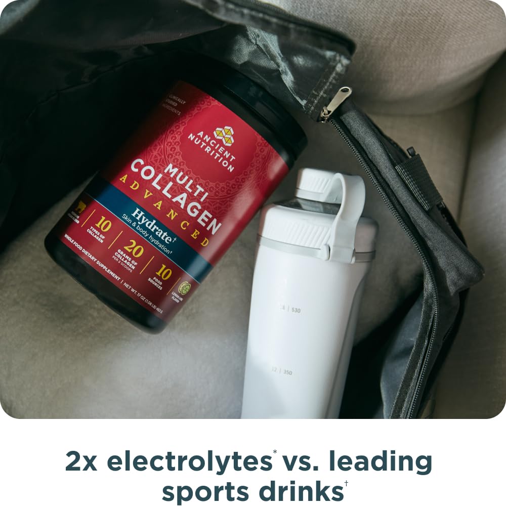 Ancient Nutrition Advanced Multi Collagen Hydrate glass reveals refreshing hydration in lemon-lime.