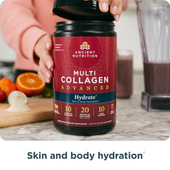 Ancient Nutrition Advanced Multi Collagen Hydrate tub showing the 10 collagen sources.