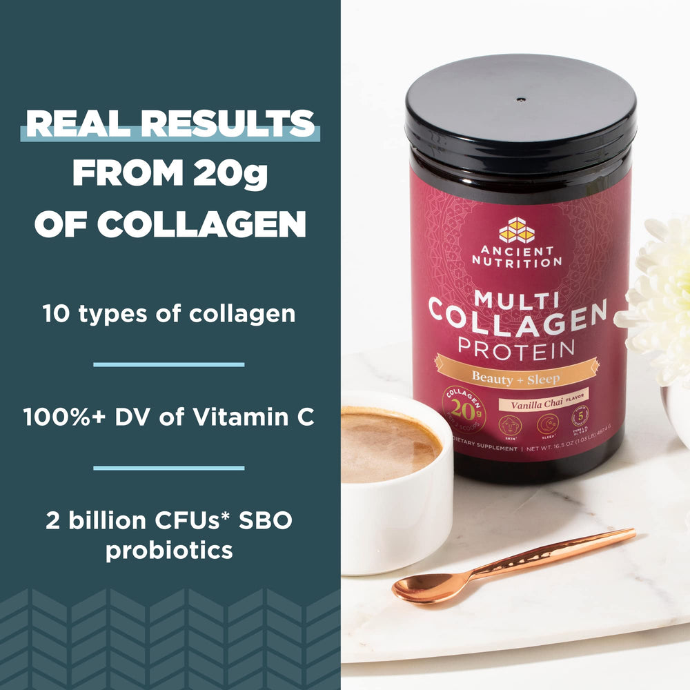 Ancient Nutrition Beauty Sleep Vanilla Chai powder stirred into coffee for easy flavor and daily protein