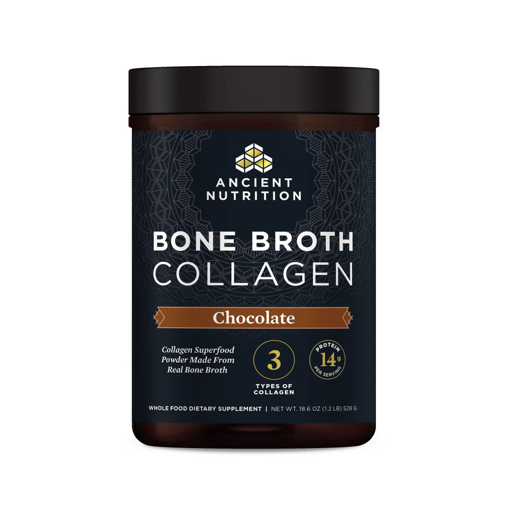Ancient Nutrition bone-broth-collagen-chocolate-tub on shelf; supports skin and joints.