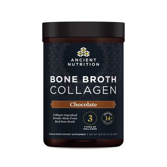 Ancient Nutrition bone-broth-collagen-chocolate-tub on shelf; supports skin and joints.
