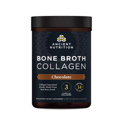 Ancient Nutrition bone-broth-collagen-chocolate-tub on shelf; supports skin and joints.