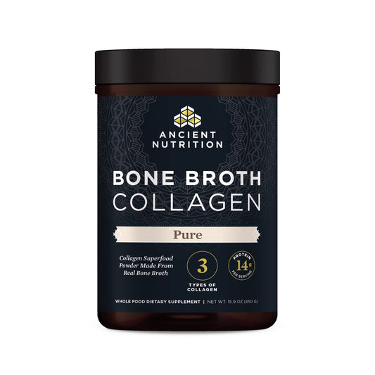 Ancient Nutrition Bone Broth Collagen bottle close-up showing convenient protein source.