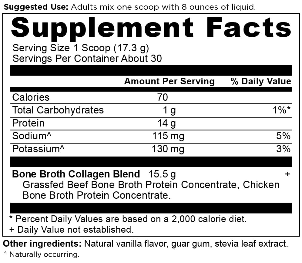 Ancient Nutrition bone broth collagen vanilla powder scoop ideal for quick shakes