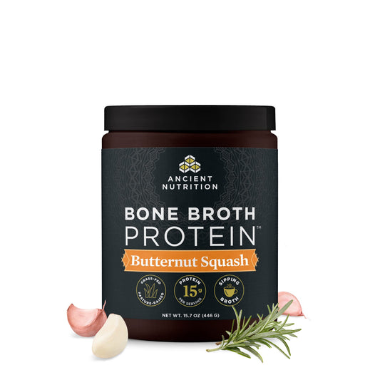 Ancient Nutrition Bone Broth Protein Powder butternut squash tub for gut-friendly nutrition and flavor