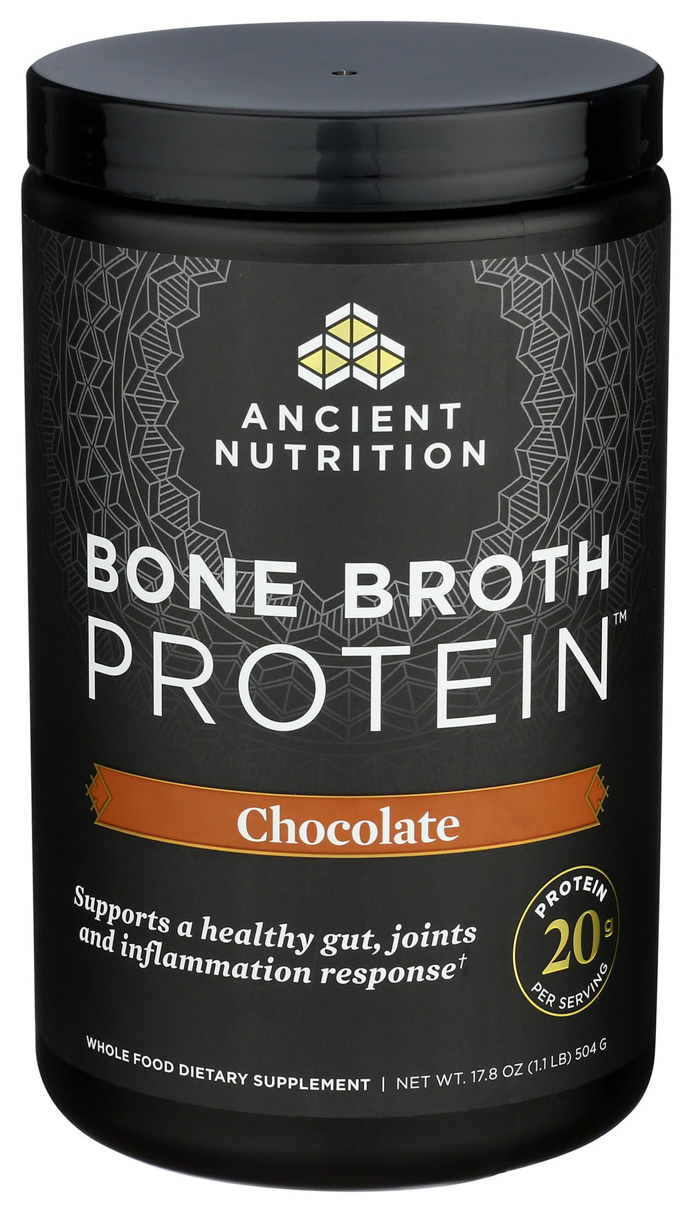 Chocolate shake made with Ancient Nutrition bone broth protein powder for a satisfying boost