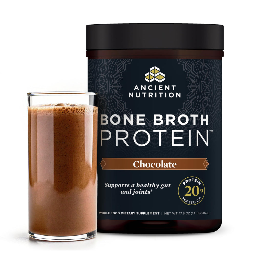 Ancient Nutrition bone broth protein powder chocolate tub front for high-protein shakes