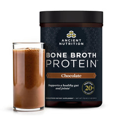 Ancient Nutrition bone broth protein powder chocolate tub front for high-protein shakes