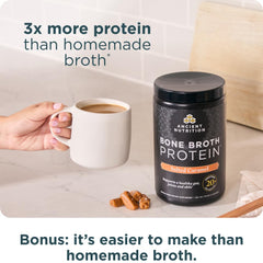 Back label of Ancient Nutrition salted caramel bone broth protein with gluten-free info