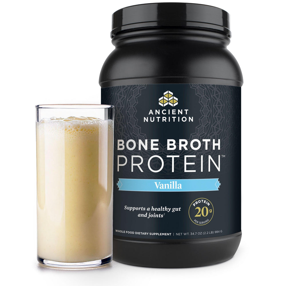 Ancient Nutrition bone broth protein vanilla tub for versatile shakes