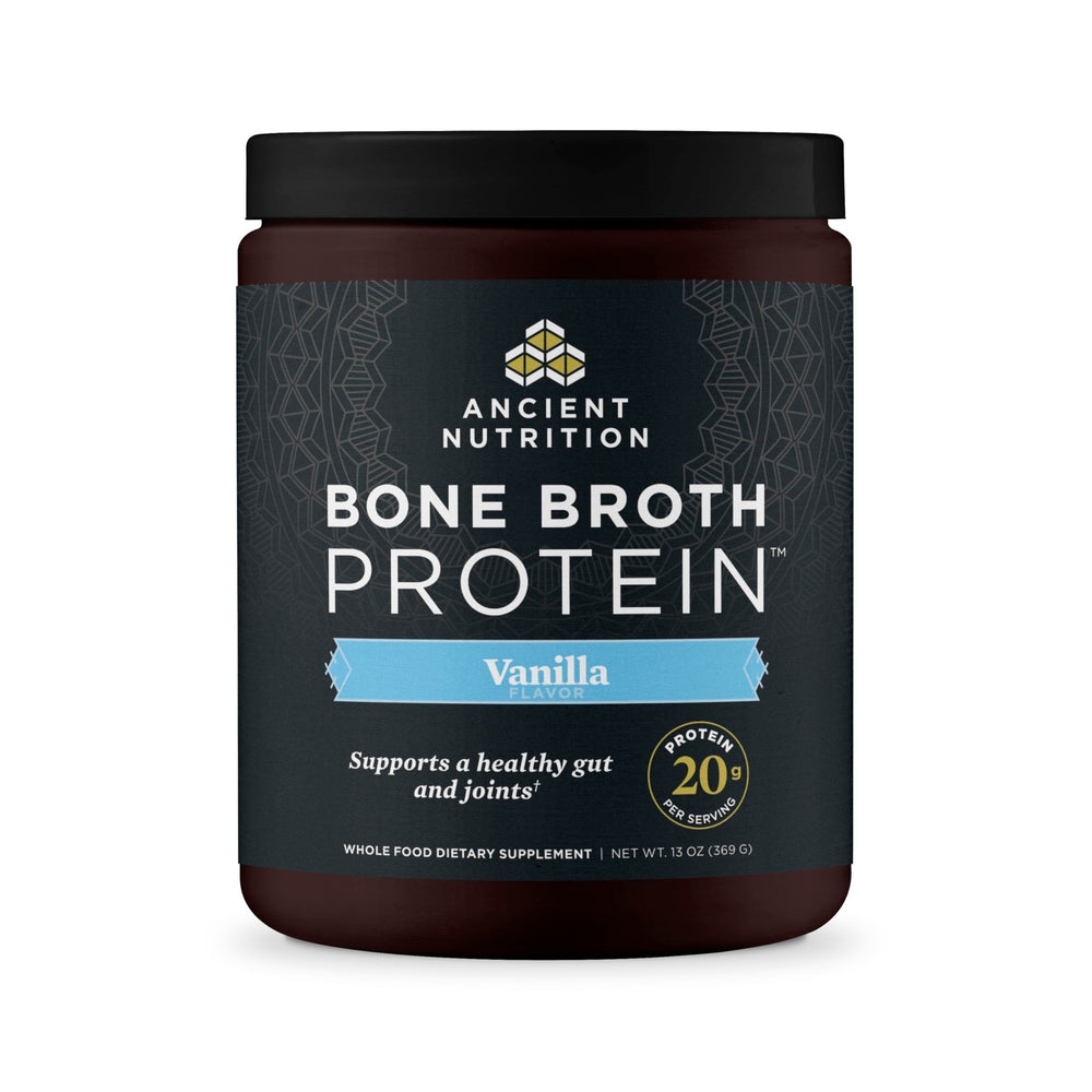 Ancient Nutrition grass-fed bone broth protein powder vanilla tub supports joint health