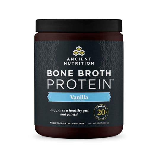 Ancient Nutrition grass-fed bone broth protein powder vanilla tub supports joint health