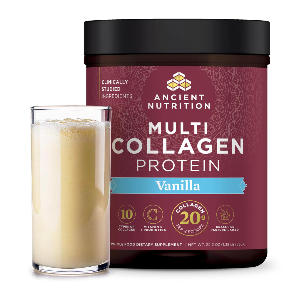 Ancient Nutrition collagen peptides powder bottle pour, convenient daily serving for skin and joints