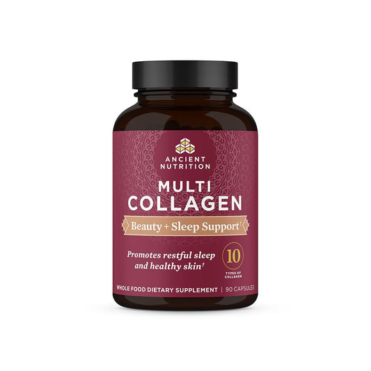 Ancient Nutrition collagen pills bottle for daily beauty and sleep support.
